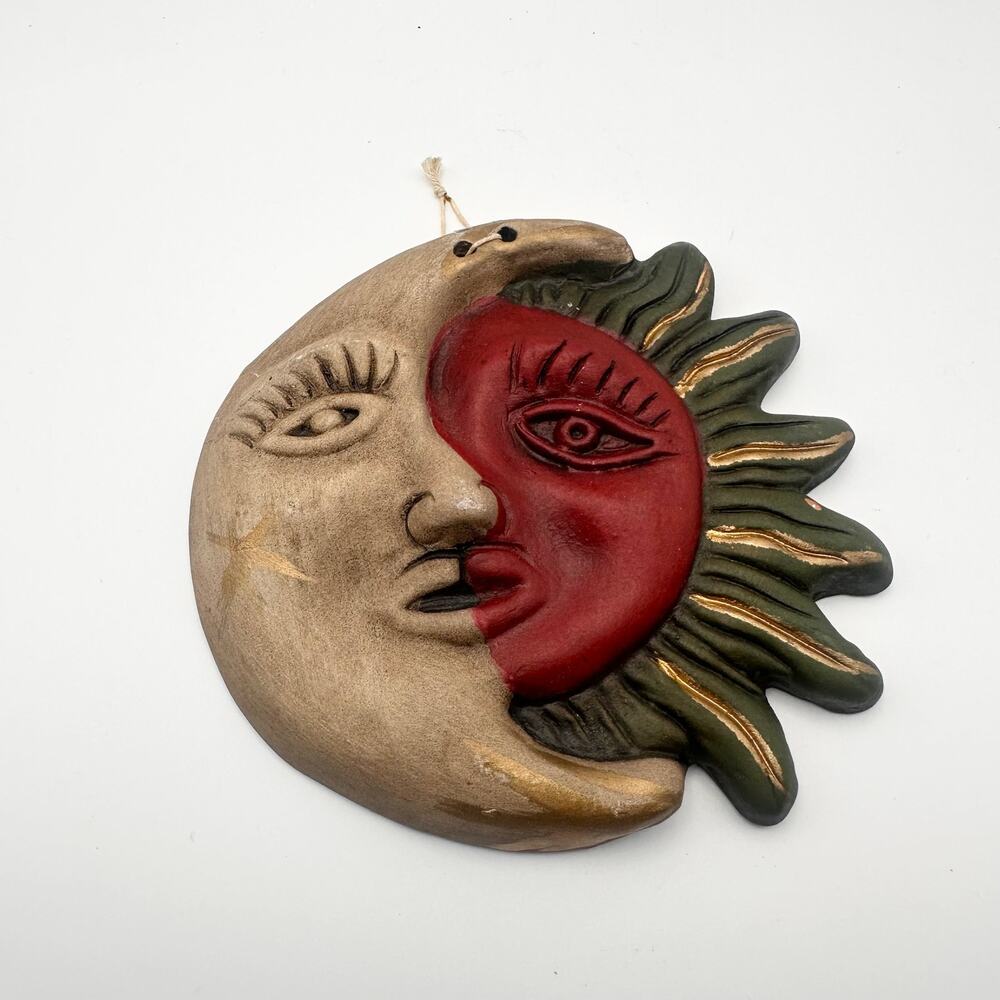 Mexico Vintage Sun Moon Celestial Two Face Ceramic Wall Hanging Unmarked Small